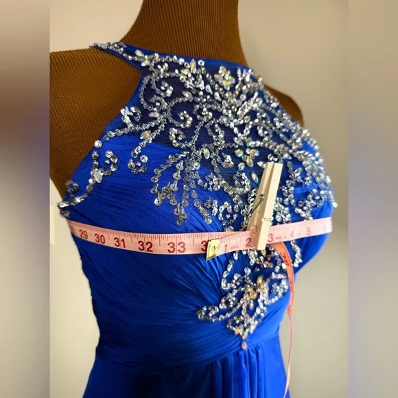 Mac Duggal Sapphire Blue Gown Rhinestone Front Chiffon Overlay Size 2 - Picture 11 of 16